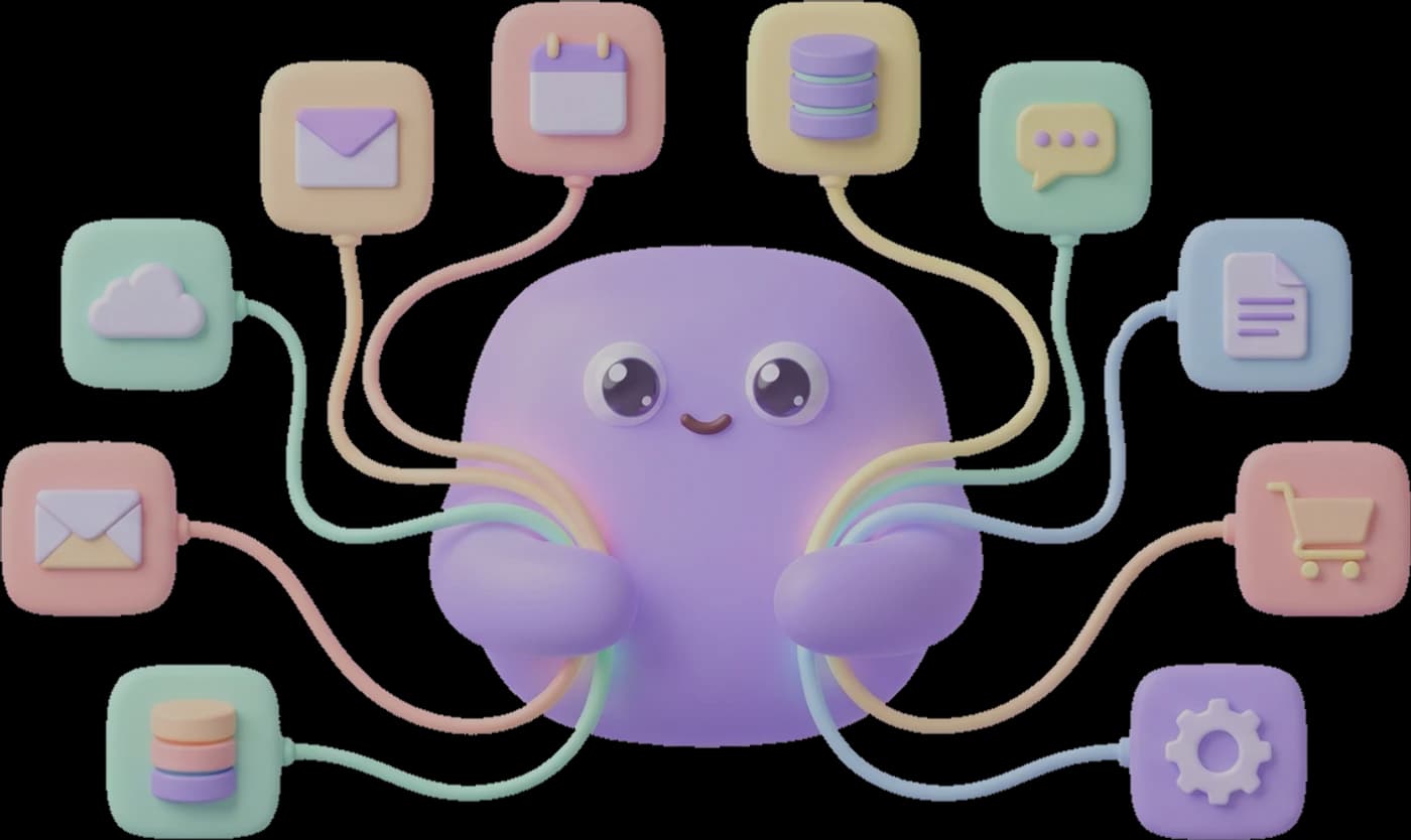Dashie connected to many app tiles with soft pastel cables